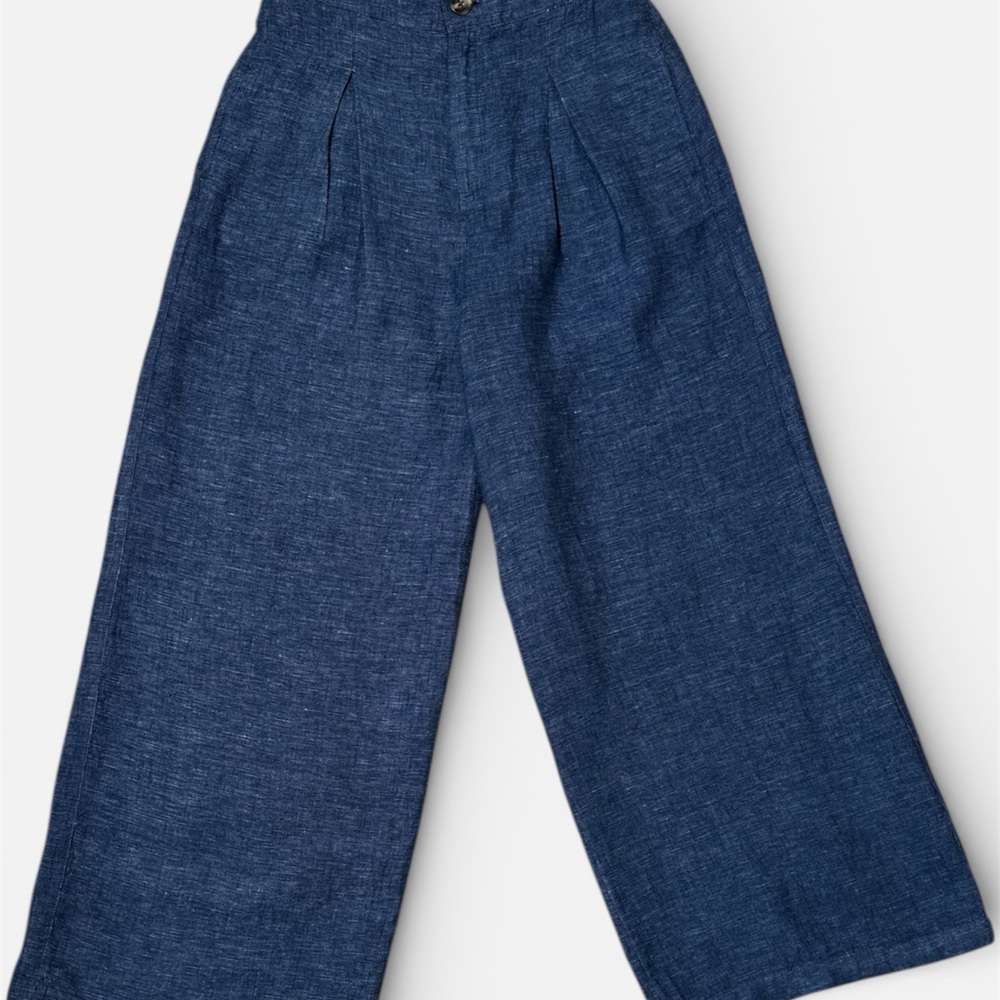 Halston Women's Blue Linen Wide-Leg Pleated Pants Button Accents Pockets Size 6